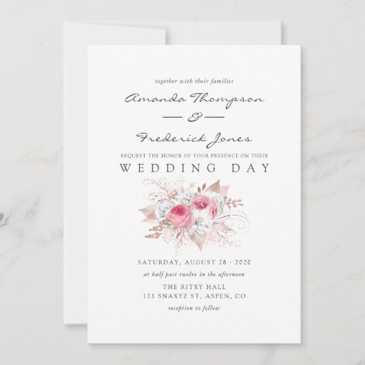 Blush Pink and Roos Gold Floral and Lace Wedding Kaart (Voorkant)