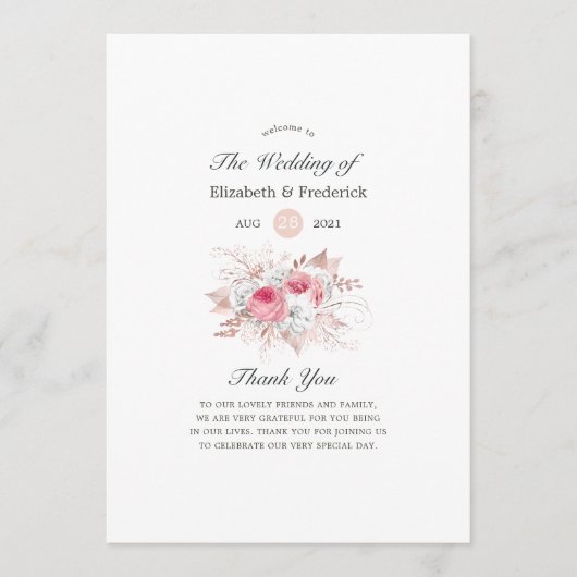 Blush Pink and Roos Gold Floral and Lace Wedding Programmakaart (Voorkant)