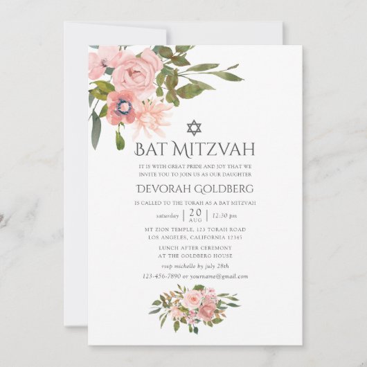 Blush Pink and Roos Gold Floral Bat Mitzvah Kaart (Voorkant)