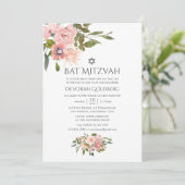 Blush Pink and Roos Gold Floral Bat Mitzvah Kaart (Staand voorkant)