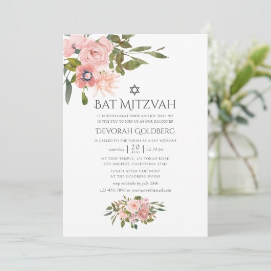 Blush Pink and Roos Gold Floral Bat Mitzvah Kaart (Staand voorkant)