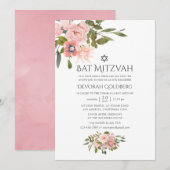 Blush Pink and Roos Gold Floral Bat Mitzvah Kaart (Voorkant / Achterkant)