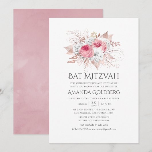 Blush Pink and Roos Gold Floral Bat Mitzvah Kaart (Voorkant / Achterkant)