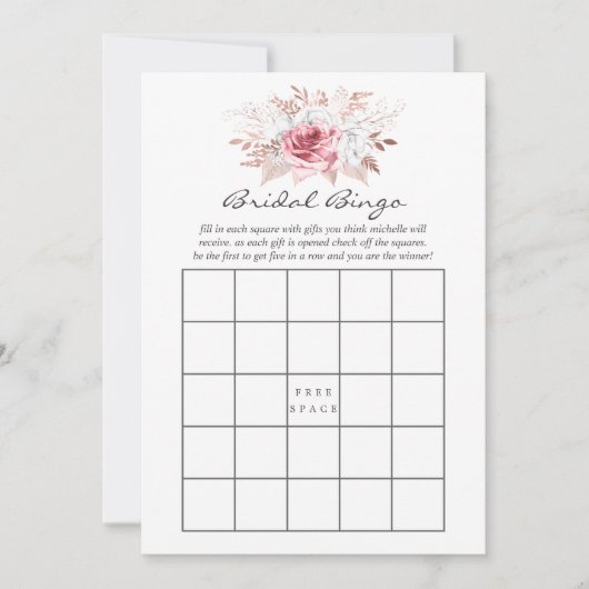 Blush Pink and Roos Gold Floral Bingo Kaart (Voorkant)