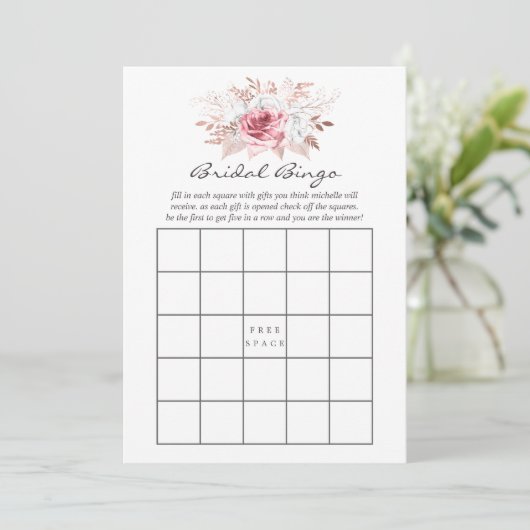 Blush Pink and Roos Gold Floral Bingo Kaart (Staand voorkant)