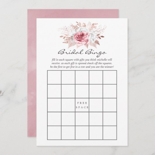 Blush Pink and Roos Gold Floral Bingo Kaart (Voorkant / Achterkant)