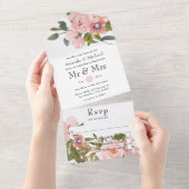 Blush Pink and Roos Gold Floral Wedding All In One Uitnodiging (Afscheurbaar)