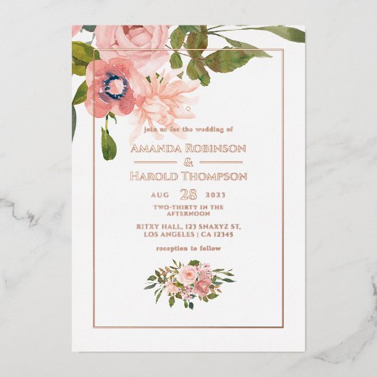 Blush Pink and Roos Gold Floral Wedding Folie Uitnodiging (Voorkant)