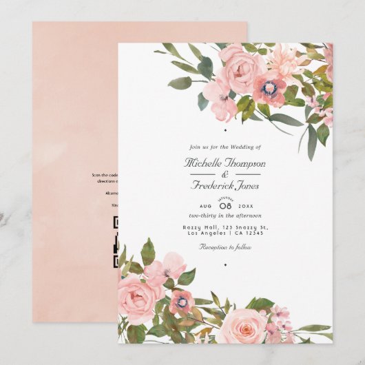 Blush Pink and Roos Gold Floral Wedding Kaart (Voorkant / Achterkant)