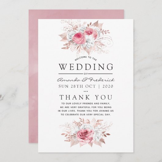 Blush Pink and Roos Gold Floral Wedding Programme Programmakaart (Voorkant / Achterkant)