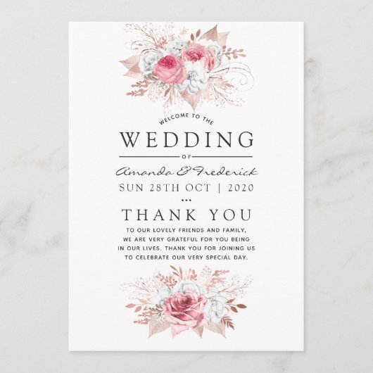 Blush Pink and Roos Gold Floral Wedding Programme Programmakaart (Voorkant)