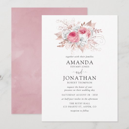 Blush Pink and Roos Gold Floral Wedding-uitnodigin Kaart (Voorkant / Achterkant)