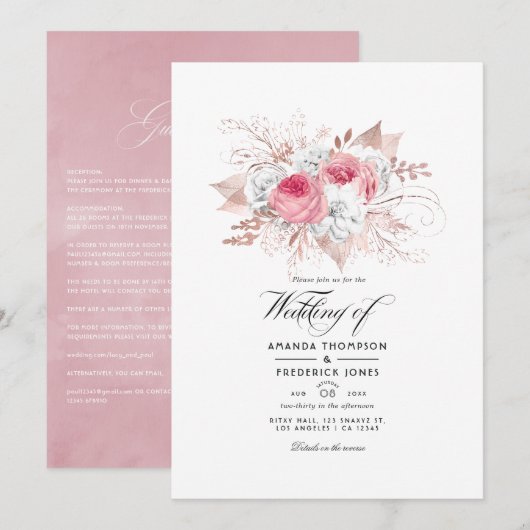 Blush Pink and Roos Gold Floral Wedding-uitnodigin Kaart (Voorkant / Achterkant)