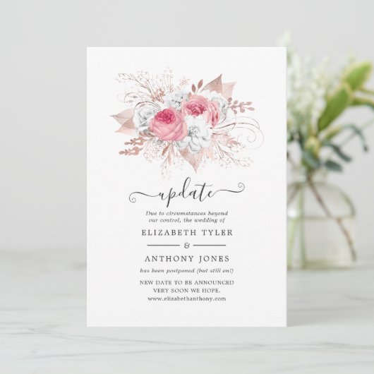 Blush Pink and Roos Gold Floral Wedding Update Kaart (Staand voorkant)