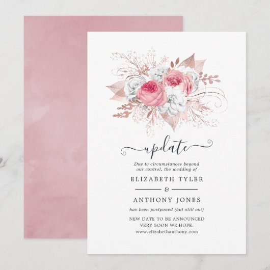 Blush Pink and Roos Gold Floral Wedding Update Kaart (Voorkant / Achterkant)