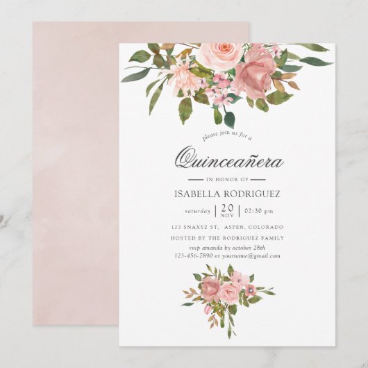 Blush Pink and Roos Gold Quinceañera Kaart (Voorkant / Achterkant)
