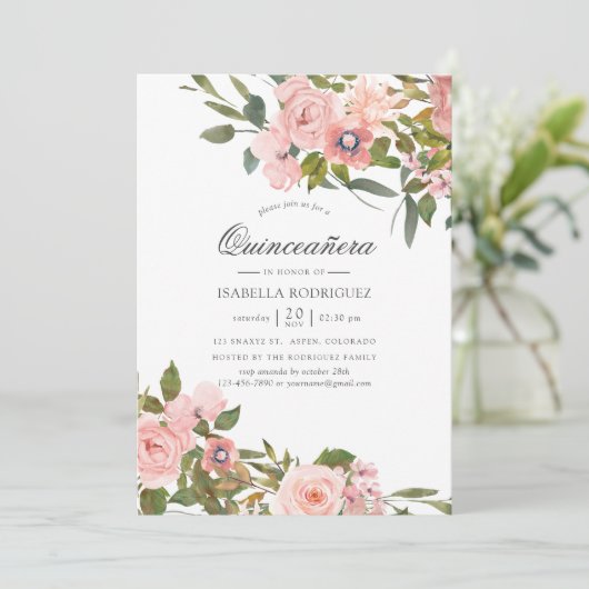 Blush Pink and Roos Gold Rozen Quinceañera Kaart (Staand voorkant)