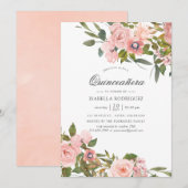 Blush Pink and Roos Gold Rozen Quinceañera Kaart (Voorkant / Achterkant)