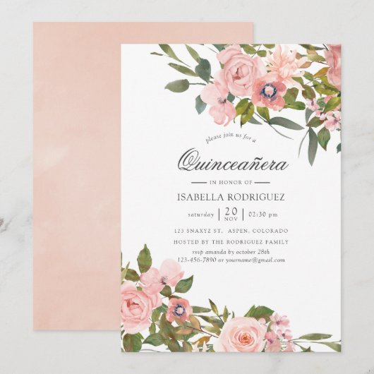 Blush Pink and Roos Gold Rozen Quinceañera Kaart (Voorkant / Achterkant)