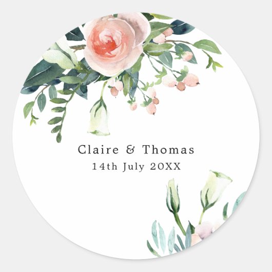 Blush Pink and White Floral Custom Wedding Sticker (Voorkant)