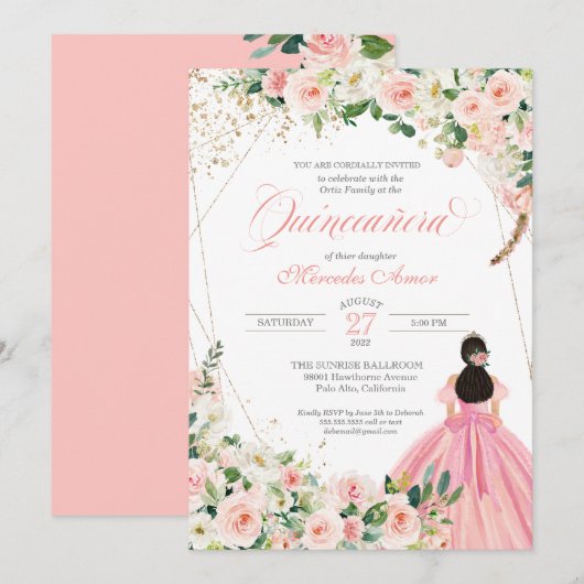 Blush Pink and White Floral Quinceanera Invitation Kaart (Voorkant / Achterkant)