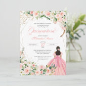 Blush Pink and White Floral Quinceanera Invitation Kaart (Staand voorkant)