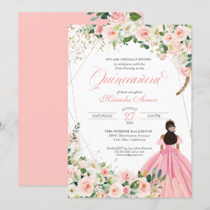 Blush Pink and White Floral Quinceanera Invitation Kaart