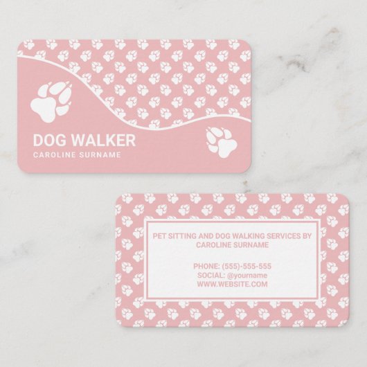 Blush Pink and White Paws Dog Walker Pet Sitting Visitekaartje (Voorkant / Achterkant)