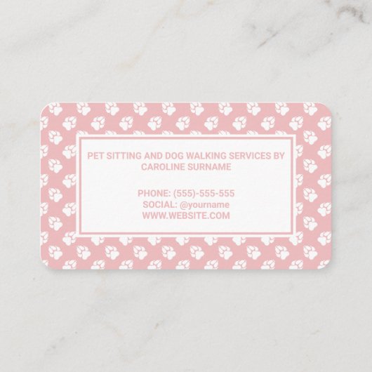 Blush Pink and White Paws Dog Walker Pet Sitting Visitekaartje (Achterkant)