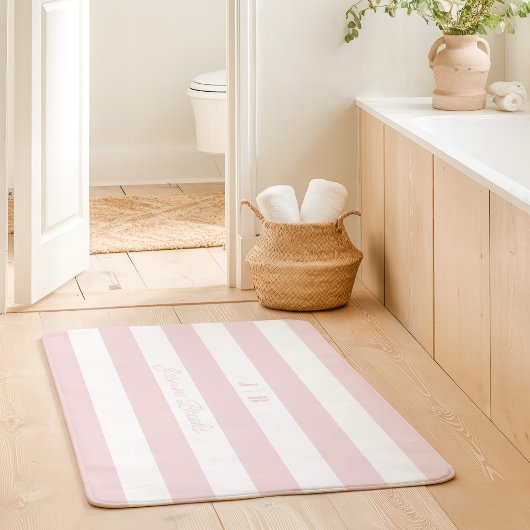 Blush Pink and White Wide Stripes Monogram Naam Badmat