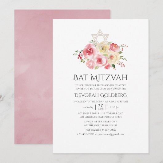 Blush Pink and Yellow Floral Bat Mitzvah Kaart (Voorkant / Achterkant)