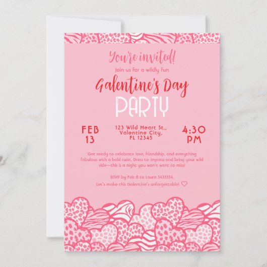 Blush Pink Animal Print Hart Galentines Day Party Kaart (Voorkant)