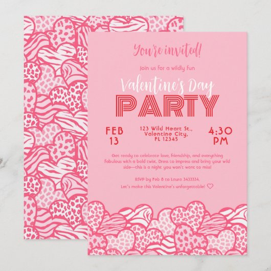 Blush Pink Animal Print Hearts Valentijnse Partij Kaart (Voorkant / Achterkant)