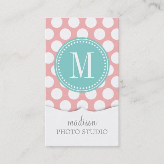 Blush Pink & Aqua Big Polka Dots Monogramed Visitekaartje (Voorkant)