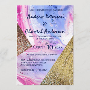 Blush Pink Aqua Blue Liquid Marble Glitter Weddens Kaart