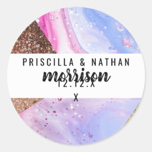 Blush Pink Aqua Blue Liquid Marmer Glitter Geo Ronde Sticker