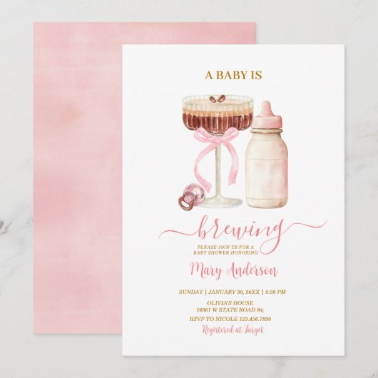 Blush Pink Baby Is Brewing Milk Bottle Baby Shower Kaart (Voorkant / Achterkant)