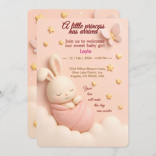 Blush Pink Baby Meisje Douche Uitnodigen Kaart (Voorkant / Achterkant)