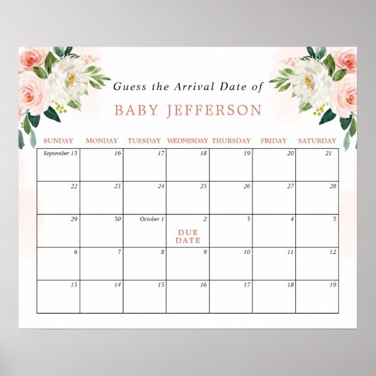 Blush Pink Baby shower Guess Due Date Calendar Poster (Voorkant)