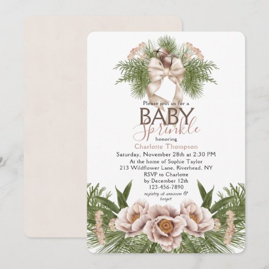 Blush Pink Baby Sprinkle Winter Floral Baby shower Kaart (Voorkant / Achterkant)