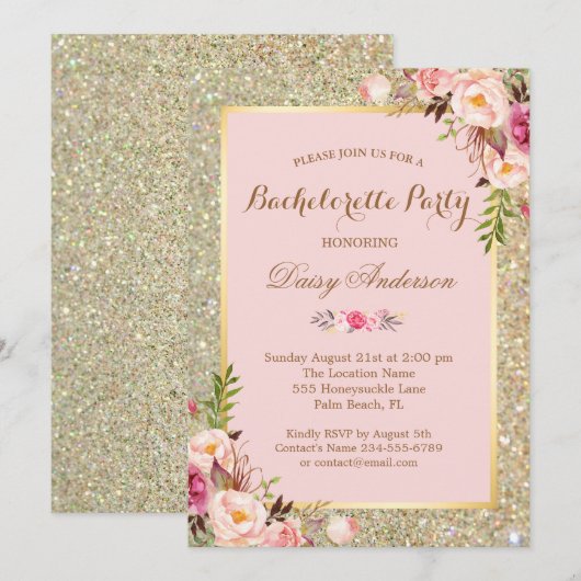 Blush Pink Bachelorette Party Gold Glitter Floral Kaart (Voorkant / Achterkant)