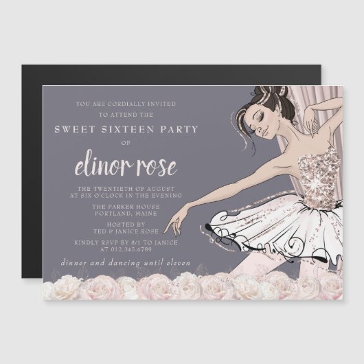 Blush Pink Ballerina Sweet 16 Party Magnetische Uitnodiging (Voorkant / Achterkant)