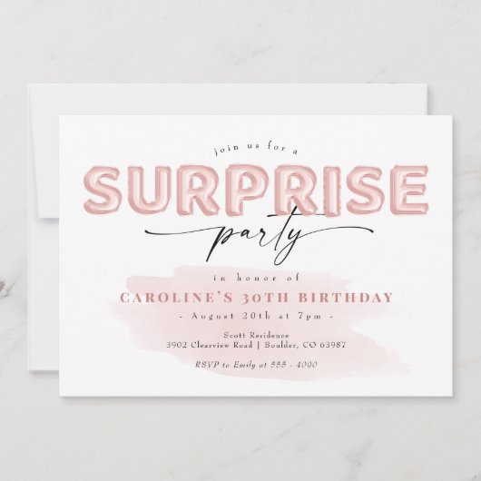 Blush Pink ballon Surprise Birthday Party Kaart (Voorkant)