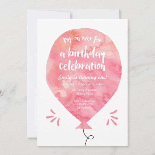 Blush Pink Balloon Verjaardag Uitnodiging (Voorkant)