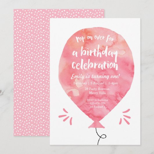 Blush Pink Balloon Verjaardag Uitnodiging (Voorkant / Achterkant)