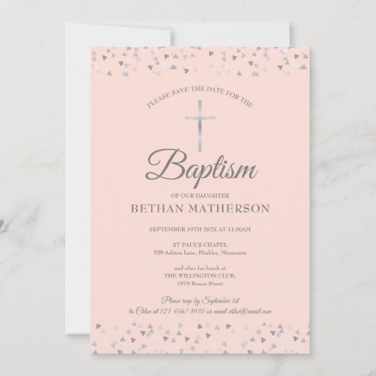 Blush Pink Baptisme Christening Silver Hearts Save The Date (Voorkant)