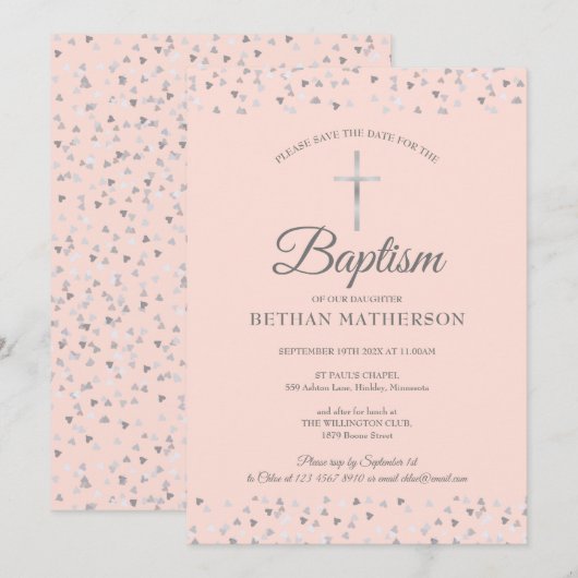 Blush Pink Baptisme Christening Silver Hearts Save The Date (Voorkant / Achterkant)