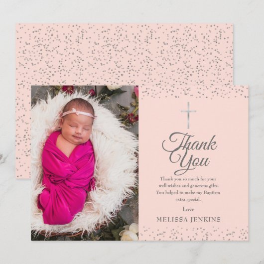 Blush Pink Baptisme Foto Silver Hartelijk dank Bedankkaart (Voorkant / Achterkant)