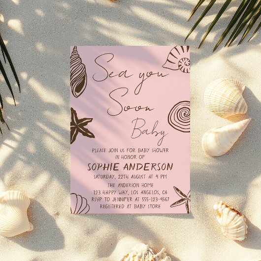Blush Pink Beach Sea You Soon Baby Shower Kaart