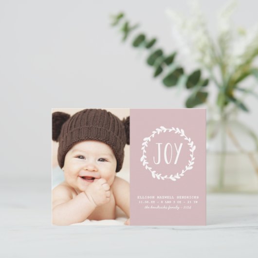 Blush Pink Birth Announcement Holiday Foto Briefkaart (Staand voorkant)